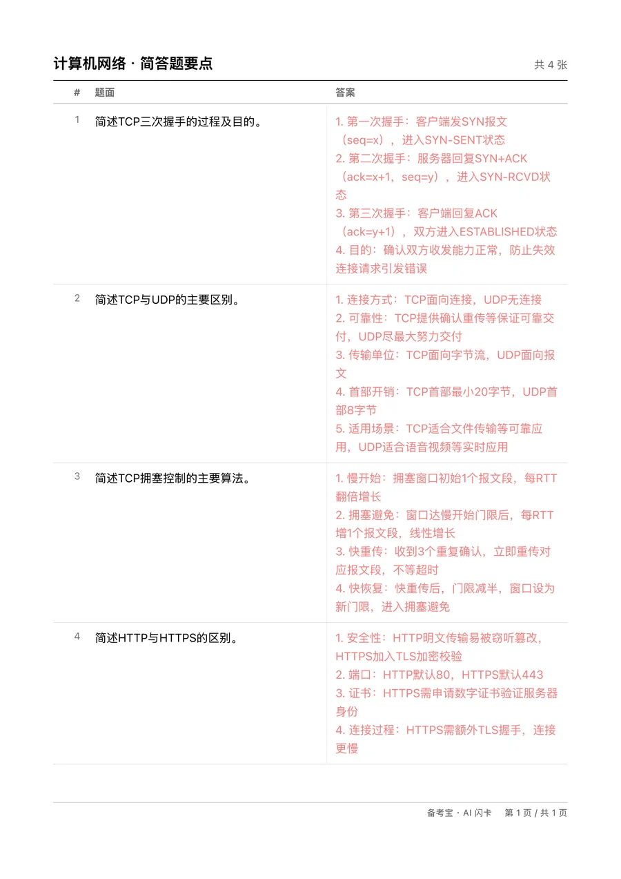 打印遮盖背诵页:左栏是题面,右栏是浅红色的答题要点,盖上红膜即可默写